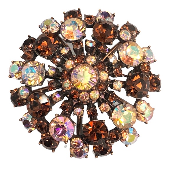 VINTAGE JOAN RIVERS AMBER & AURORA BOREALIS PINK DOME CRYSTAL BROOCH - Picture 1 of 16